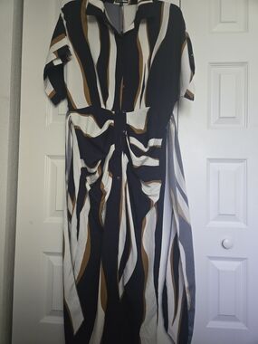 Button-Front Midi Dress in Navy Blue, White & Brown - Classic Stripe